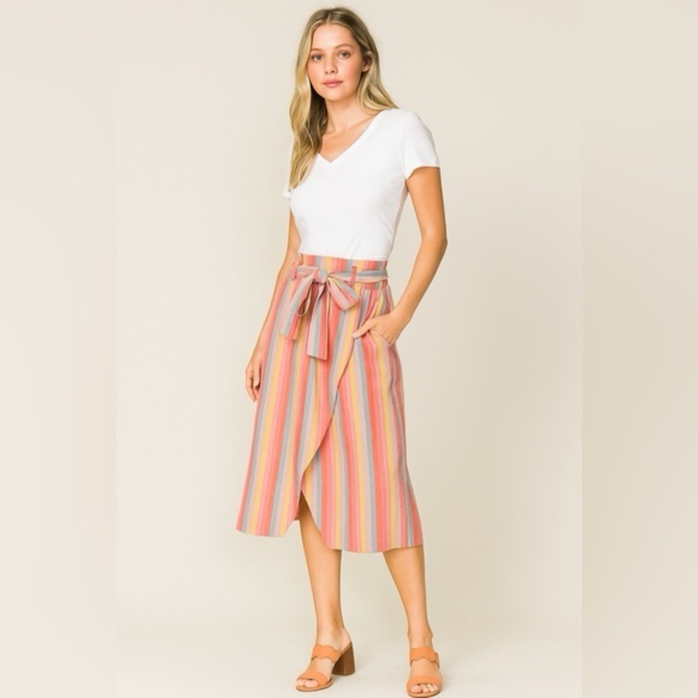 NWT Anthropologie Moon River. Cotton/Linen Tie-Waist Faux Wrap Striped Skirt. M